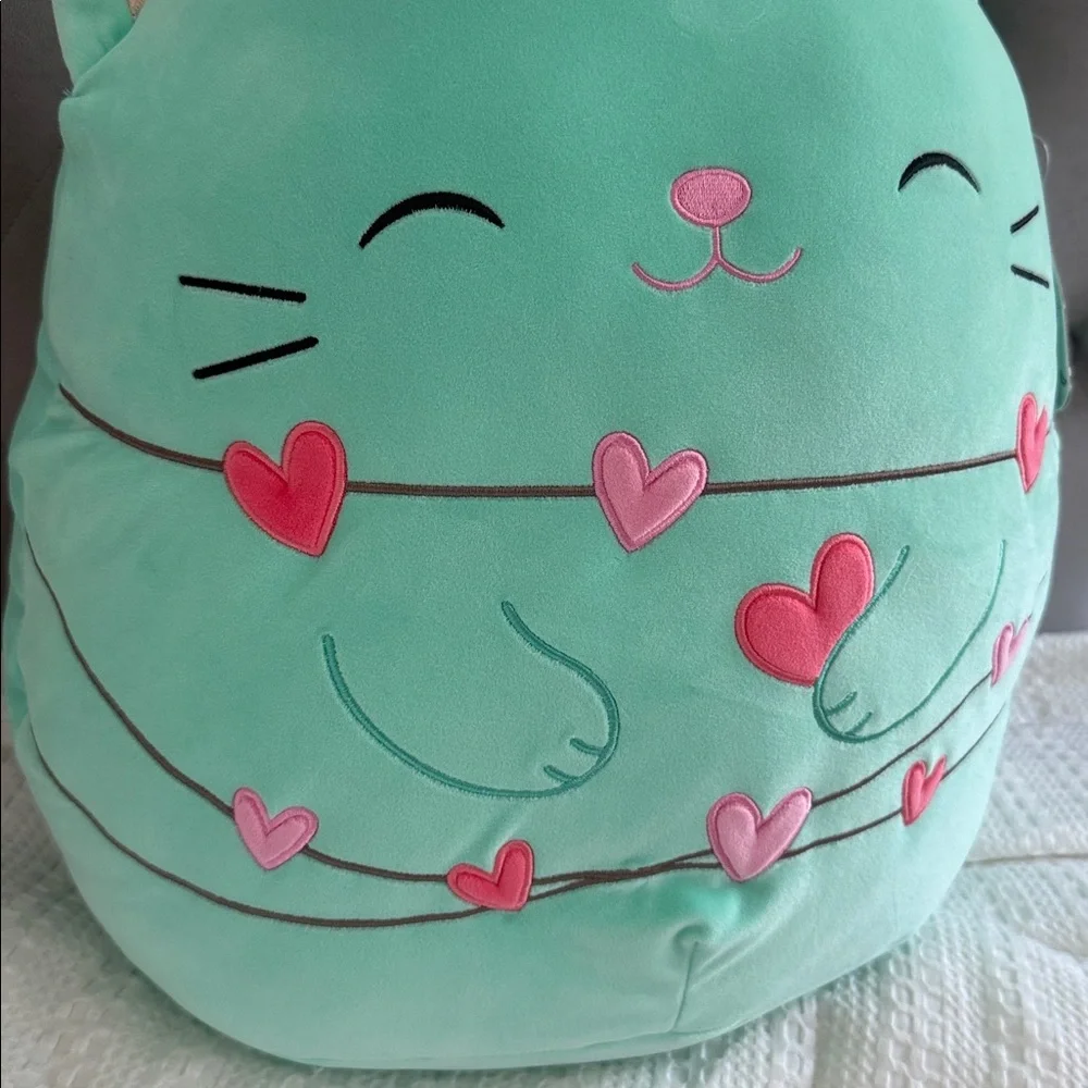 Squishmallow LARGE Charisma Mint Plush Cat with Pink Hearts